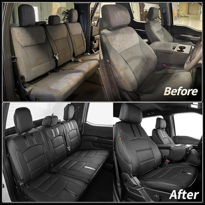 coverdream F150 Seat Covers for 2021-2025 2026 Ford F150 SuperCab XL/XLT & 2023-2026 Super Duty SuperCab XL/XLT,2-Door,Fully Covered,Waterproof Leather Seat Protector(Full Set,Black & Carbon Fiber)