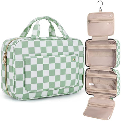 BAGSMART Toiletry Bag Travel Bag with Hanging Hook, Water-resistant Makeup Cosmetic Bag Travel Organizer for Accessories, Shampoo, Full-size Container, Toiletries (Green Checkerboard, Medium)