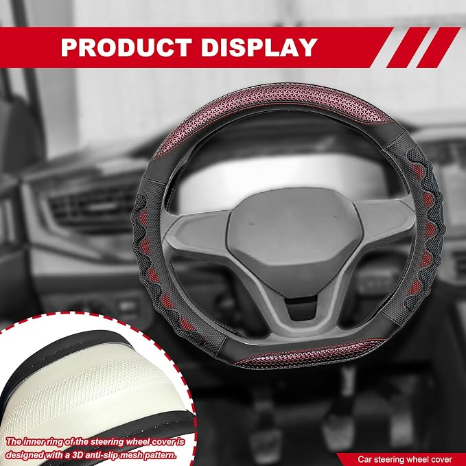 D Shaped 14.5-15 Inch Steering Wheel Cover, 3D Honeycomb Anti-Slip Design with Great Grip, Flat Bottom Comfy Car Steering Wheel Protector (Red)