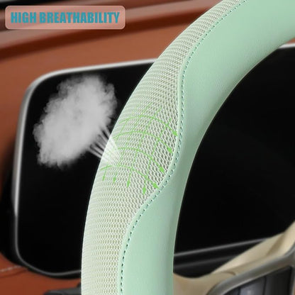 14 inch Steering Wheel Cover for Prius Civic, Nappa Microfiber Leather Non-Slip Breathable Fabric, Warm in Winter and Cool in Summer, Green Small 13.5 inch to 14 inch