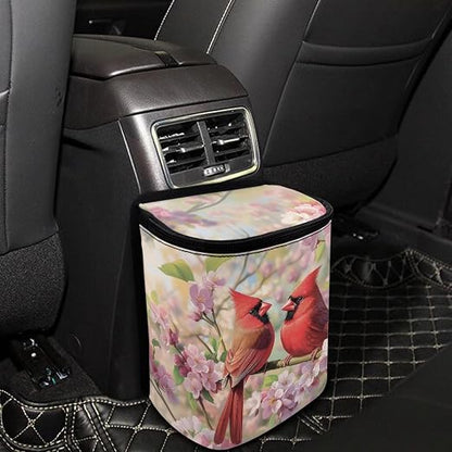 Talayituse Cardinal Cherry Blossom Print Car Trash Bin, Large Size Auto Trash Can Adjustable Portable Garbage Can with Lid, Vehicle Hanging Bag for Headrest Front Back Seat