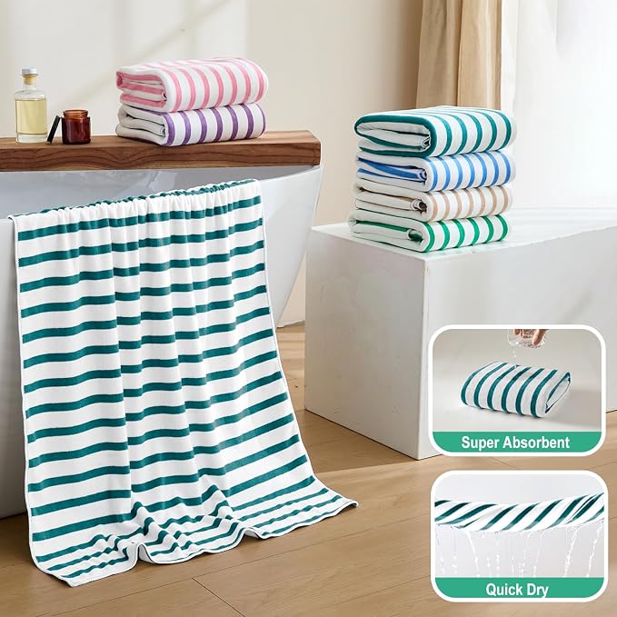 JML Microfiber Beach Towels, 6 Pack, 27" x 55", Large Bath Towel Set for Adult- Cabana Stripe - Absorbent, Quick Drying Lint-Free, No Fading for Summer Party, Pool, Sport, Yoga, Swimming, Dark Green