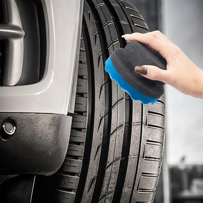 2PCS Car Tire Dressing Applicator Pads, Reusable Hex-Grip Vehicle Wheel Wax Buffing Dressing Sponge Pad, Automotive Tire Shine Detailing Foam Tool, Universal Fit (3.15Inch/Blue)