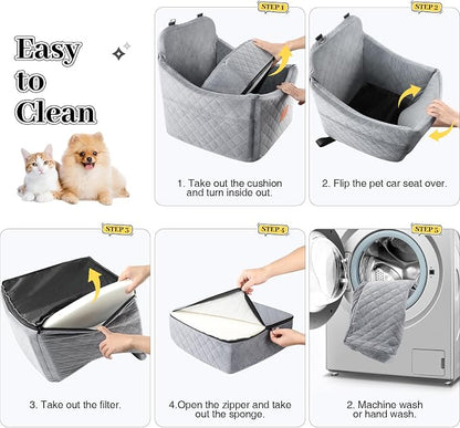Dog Car Seat for Small/Medium Dogs up to 35 lbs, Memory Foam Pet Booster Seat with Detachable Washable Cover, Portable Pet Bed for Cars with Safety Belts and Storage Pockets(Grey, Medium)