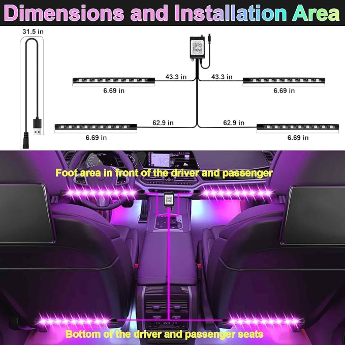 BFXM Car Interior Lights, 5V LED Strip Lights with USB Adapter, Ambient Lighting Car Accessories, App & Remote Control Music Sync Color Change Lights for Truck Car Decor- 2 Set