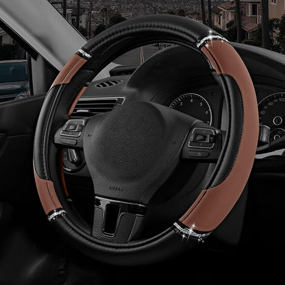 Road Comforts Leather Steering Wheel Cover - Made with PVC Leather - Anti-Slip Steering Wheel Cover Universal Fit Most 14 1/2 inches to 15 inches - Brown Color
