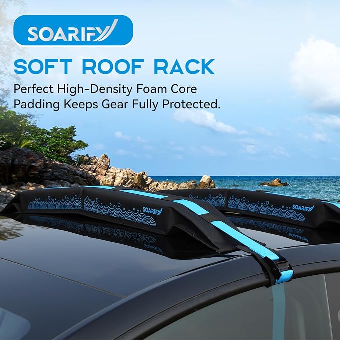 Universal Car Soft Roof Rack，Roof Pads Luggage Carrier for Kayak, Surfboard SUP, Canoe Include Storage Bag, 2 Quick Loop Strap, 2 Tie Down Rope, and 2 Heavy Duty Tie Down Straps
