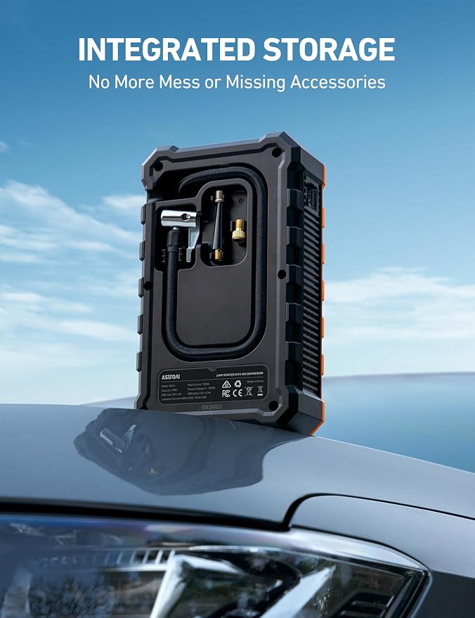 AstroAI S8 Air Jump Starter with Air Compressor, 3000A Peak Car Battery Jump Starter Portable (9.0 Gas/6.5L Diesel) with 150PSI Cordless Auto-Shutoff Tire Inflator, 12V Battery Charger Booster(Orange)