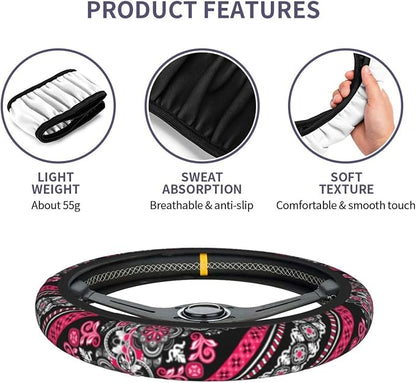 Boho Car Steering Wheel Cover Auto Accessories Universal 15 Inch Non-Slip Neoprene for Women Cute Automotive SUV Van Truck Wheel Protector