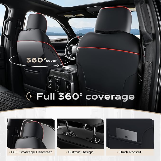 Coverado Front Seat Covers for Ford F150 2015-2026, F250 F350 F450 2017-2026 SuperCrew Crew Cab, Red and Black Leather Car Seat Covers, Full Coverage