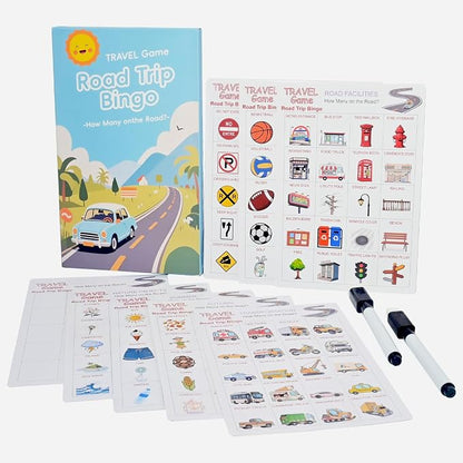 Road Trip Bingo Travel Game for Kids | 8 Double-Sided Cards, 14 Themed Categories, Car Activities