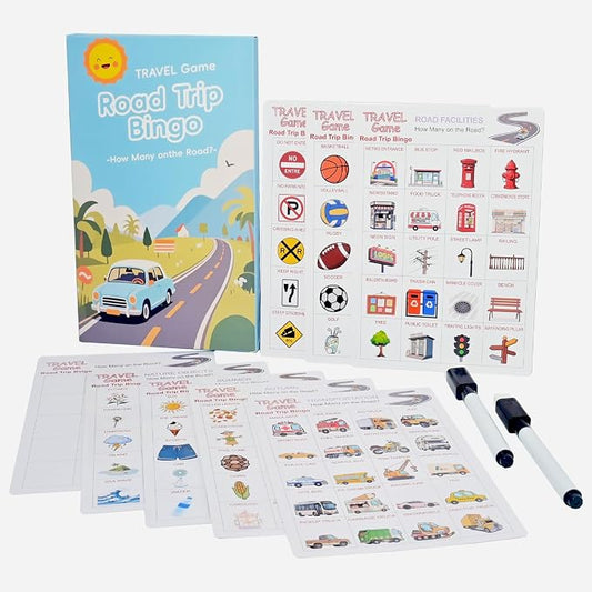 Road Trip Bingo Travel Game for Kids | 8 Double-Sided Cards, 14 Themed Categories, Car Activities