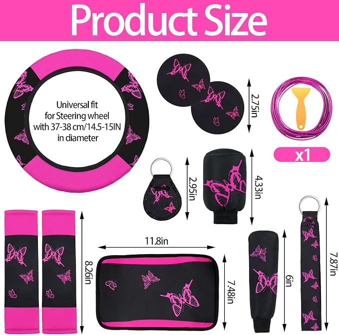 BBTO 43 Pcs Butterfly Car Seat Full Set Butterfly Car Accessories for Women 5 Front Rear Seat Covers Wrist Strap 2 Pcs Cup Mat Armrest Pad 2 Belt Xmas Cover Accessories for SUV(Rose, Black)
