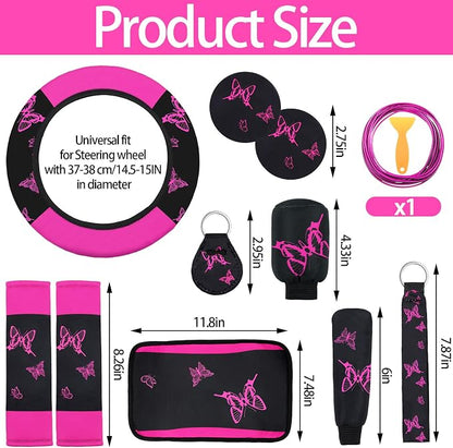 BBTO 43 Pcs Butterfly Car Seat Full Set Butterfly Car Accessories for Women 5 Front Rear Seat Covers Wrist Strap 2 Pcs Cup Mat Armrest Pad 2 Belt Xmas Cover Accessories for SUV(Rose, Black)