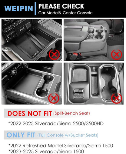 for 6PCS Refreshed Models 2022-2026 Silverado/Sierra 1500 & 2024-2026 Sierra 2500 3500 Console Liners-[3D High-Edge Liquid Silicone] Cup Holder Mats,Full Console w/Bucket Seats ONLY - White