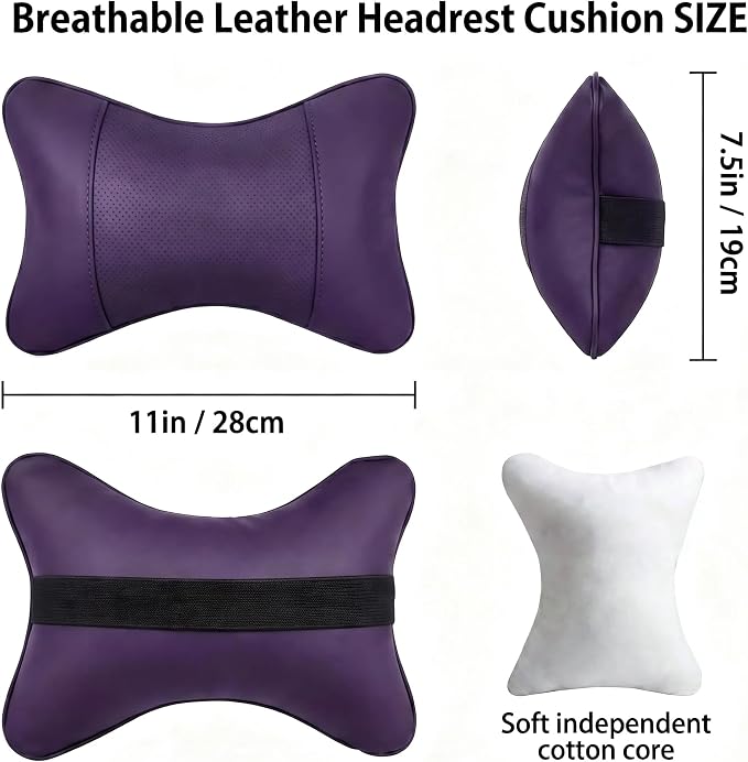 Car Pillow for Car Neck Pillow for Driving Seat Leather Neck Support Soft Cushion Support Head-Rests for Vehicle Sleeping with Elastic Adjustment Strap 2PCS (Neck, Violet)