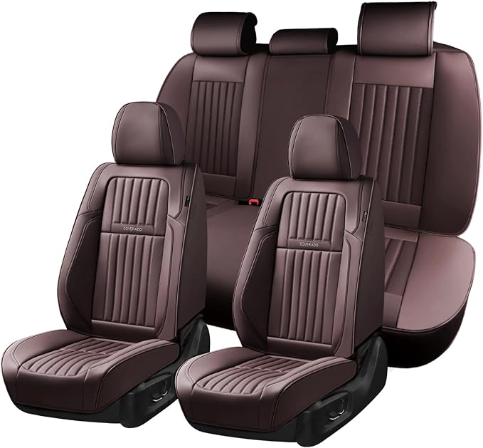 Coverado Car Seat Covers Full Set, Seat Covers for Cars, Car Seat Cover, Car Seat Protector, Leather Car Seat Cushion, Waterproof Car Seat Covers Front Seats and Back Fit for Most Cars(Coffee)