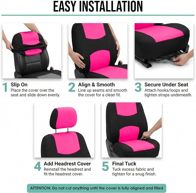 FH Group Bright Flat Cloth Full Set Automotive Seat Covers Front Set and Rear Solid Bench Pink Black Seat Covers w. Gift Universal Fit Interior Accessories for Cars Trucks and SUVs