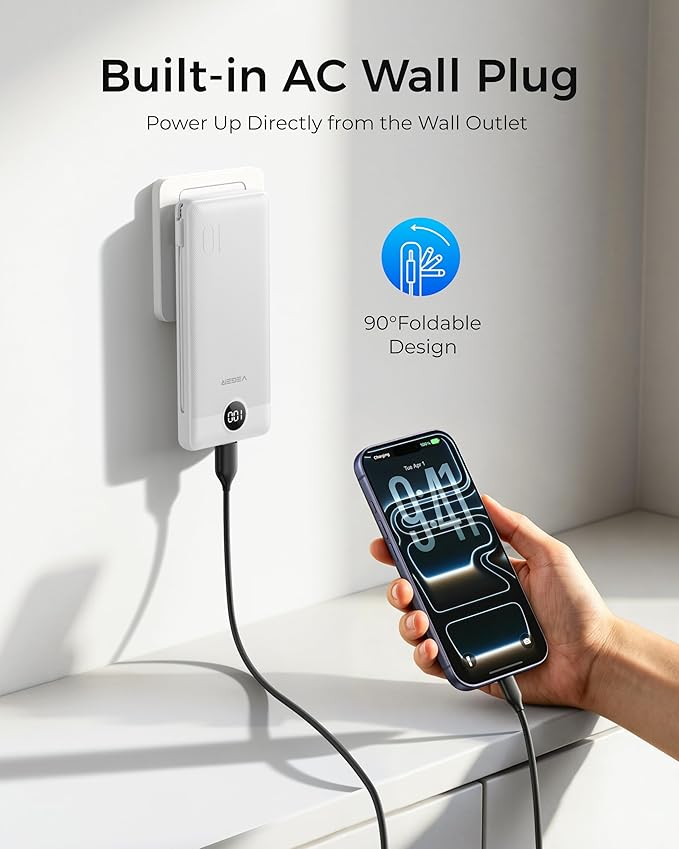 VEGER Portable Charger with Built-in AC Plug and Cables, All in One 10000mAh Ultra Slim Power Bank Travel Essentials, Fast Charging Battery Pack Compatible with iPhone, Samsung, Android, White