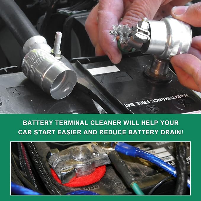 2 PCS Battery Terminal Cleaner Tool Kit, Auto Top & Side Terminals Cleaning Brushes with Anti-Corrosion Washers, Battery Post Steel Bristles Brush for Car Truck Marine Boat