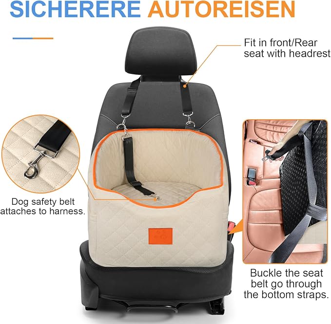 XIEEAOZEE Dog Car Seat for Small Dogs, Memory Foam Booster Dog Seat for Dogs up to 35 lbs, Elevated Pet Car Seat, Travel Safety Pet Seat with Washable Removable Cover, Storage Pockets (Beige)