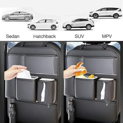2 Pack Leather Car Seat Back Organizer, Backseat Kick Mat Protector with Clear Touchscreen Tablet Holder, Cup Holder, Tissue Holder and Storage Pockets, Fits Cars SUVs Minivans, Black