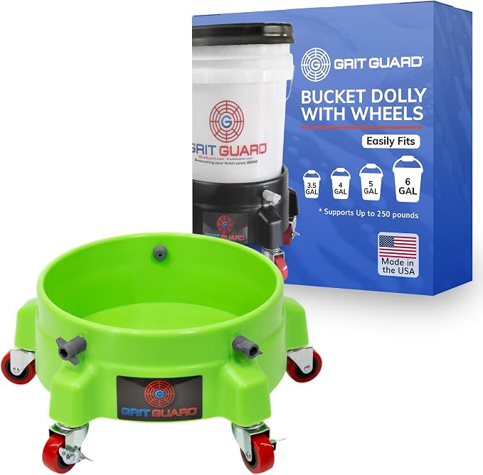 GRIT GUARD Bucket Dolly with Wheels - Rolling Detailing Wash Bucket with 5 Wheels and 2 Locking Casters Compatible with 2.5, 4, 5 and 6 Gallon Buckets (Green, 2" Red Casters) - Made in the USA