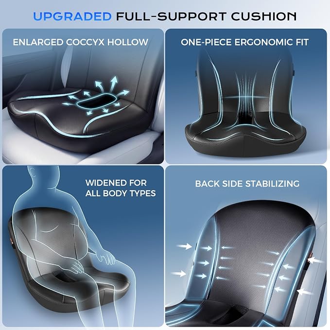 Coverado Car Seat Cushion and Lumbar Support Pillow One Piece, Napa Leather Memory Foam Ergonomic Back Support Driving Seat Cushion for Back Pain, Non-Slip Washable Cushion for Car, Driver, Office