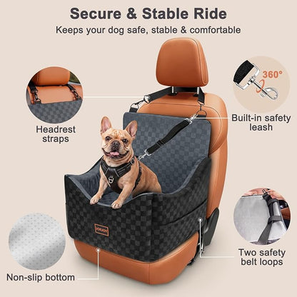 JOEJOY Elevated Dog Car Seat for Small/Medium Dogs up to 35 lbs, Memory Foam Booster Seat with Detachable Washable Cover, Travel-Safe Car Bed with Safety Belts & Storage Pockets, Dark Grey