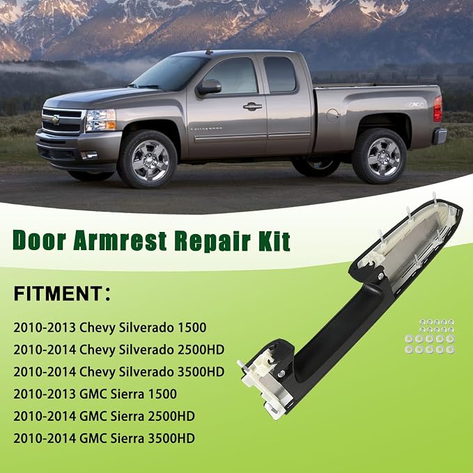 Upgraded Door Armrest Repair Kit Left Driver Side Door Panel Handle Black Compatible with 2010-2014 Chevy Silverado GMC Sierra 1500 2500HD 3500HD Replaces 22818465