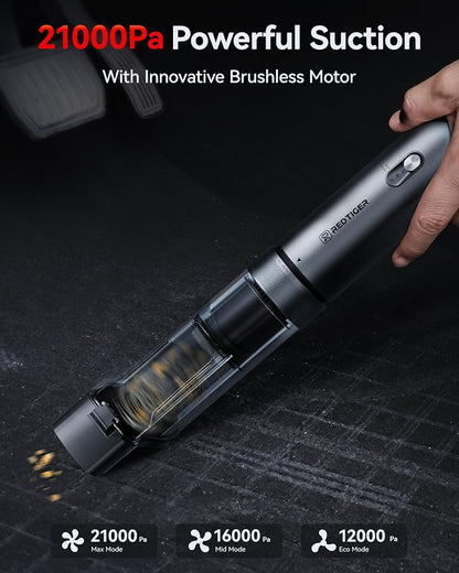 REDTIGER Handheld Vacuum Cordless,4-in-1 Car Vacuum with 21000PA,Up to 70 Mins Runtime,3 Suction Modes,3.5H USB-C Fast Charge,Hand Vacuum Cleaner for Home,Car,Pet,Office Desk, Keyboard,Handmake