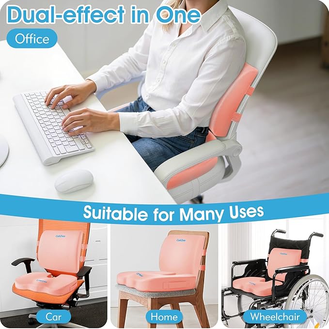 CushZone Ergonomic Seat Cushion & Lumbar Support Pillow - Memory Foam for Sciatica Pain Relief & Posture Correction, Non-Slip Chair Cushions for Office Chair/Car/Wheelchair/Travel, Pink X-Large