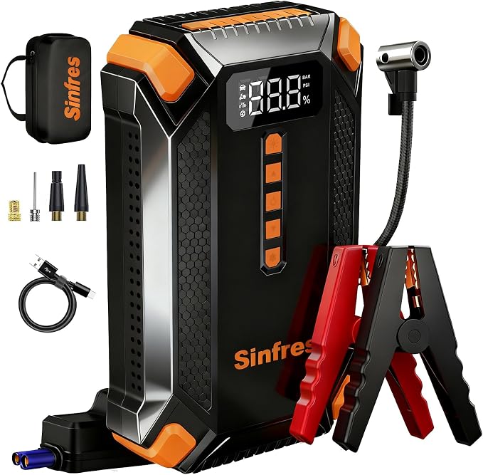 1000A Jump Starter with Air Compressor, 150PSI Portable Car Battery Booster Pack, 12V Jump Box for 6L Gas/3L Diesel Engines, Auto Shut-Off Tire Inflator, LCD Display, LED Light, USB Power Bank