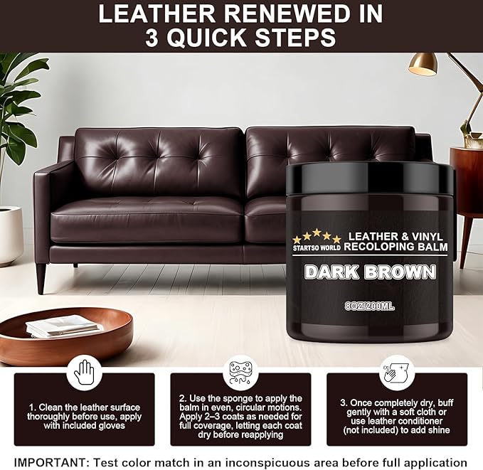 STARTSO WORLD Leather Recoloring Balm, Dark Brown Leather Repair Kit for Furniture, Leather Dye, Leather Color Restorer for Couches, Leather Couch Paint | Repair, Restore Faded & Scratched Leather