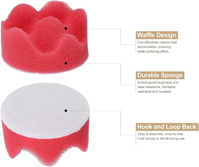 HARFINGTON 3pcs Buffing Sponge Pads 2" Polishing Wheel Waffle Finishing Grip Pad Car Buffer Polisher with Hook and Loop Back for Car Detailing Polishing Waxing, Red