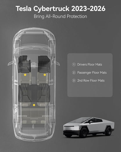 3W Floor Mats for Tesla Cybertruck 2023 2024 2025 2026, TPE All Weather Protection Waterproof Custom Fit Floor Liner for 1st, 2nd Row for Cybertruck, Black