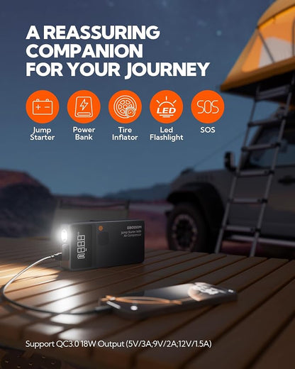 Car Battery Jump Starter with Air Compressor,44.4Wh Battery Jump Box with Tire Inflator,Jump Booster with Smart Jumper Cables,LED Light Emergency Car Kits for Vehicles,Arrancador Ae Batería