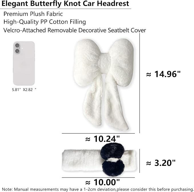 Car Neck Pillow 2PCS Plush Bowknot Car Headrest Pillow – Comfortable Neck Support for Driving Soft Touch Fabric Car Pillow Cute Interior Decor (White Set 4 Pcs)