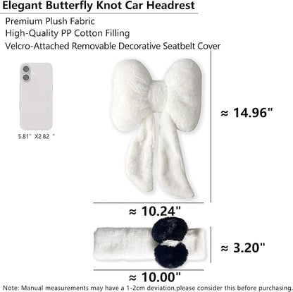 Car Neck Pillow 2PCS Plush Bowknot Car Headrest Pillow – Comfortable Neck Support for Driving Soft Touch Fabric Car Pillow Cute Interior Decor (White Set 4 Pcs)