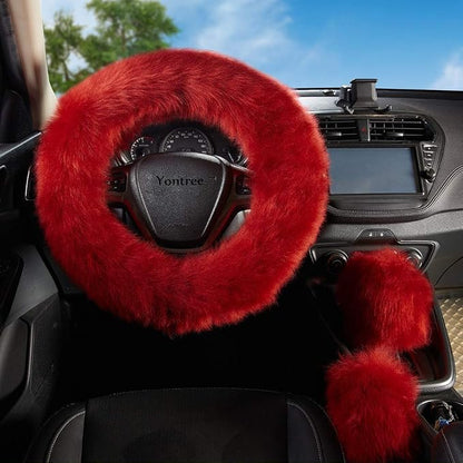 Yontree Fashion Fluffy Steering Wheel Covers for Women/Girls/Ladies/Men Australia Pure Wool Universal 15 Inch 1 Set 3 Pcs Long Wool Burgundy
