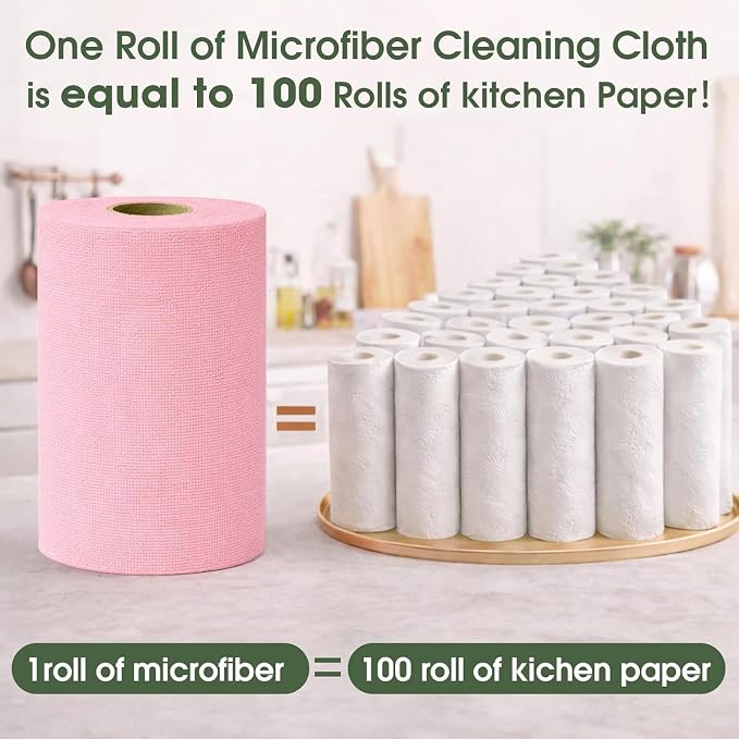 Microfiber Cleaning Cloth Roll - 100 Pack Tear Away Microfiber Paper Towels, Reusable, Washable, Scratch-Free, Kitchen Towels for Car, Home, Kitchen, Glass, Dishes(Pink)