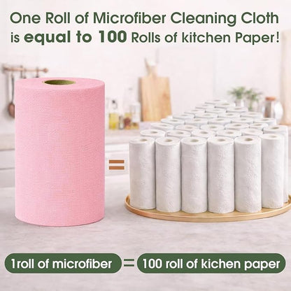 Microfiber Cleaning Cloth Roll - 100 Pack Tear Away Microfiber Paper Towels, Reusable, Washable, Scratch-Free, Kitchen Towels for Car, Home, Kitchen, Glass, Dishes(Pink)