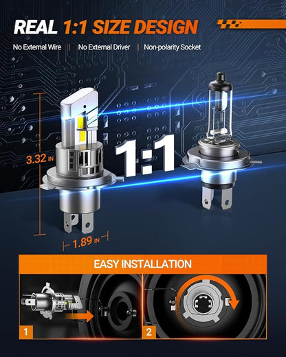 SEALIGHT S1-Pro H4 LED Bulbs, 40000LM Ultra Bright, 6500K Cool White Fog Lights with Cooling Fan, Over 60000 Hours Lifespan, Quick Plug-N-Play Installation, 2-Pack