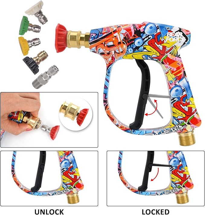 BEAR FORCE Pressure Washer Spray Gun Power Washer Short Gun with M22-ID14mm & Foam Cannon Foam Gun with 5 Nozzles Tips #035 & 3/8'' Quick Connector Swivel, Additional Orifice Nozzle 1.10mm Car Washing