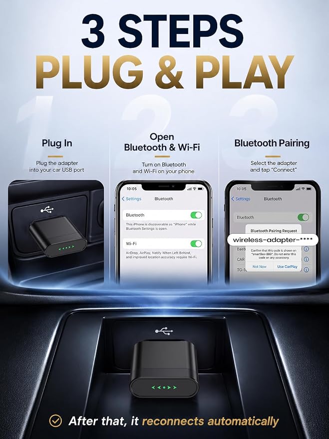 Wireless CarPlay Adapter for iPhone & Android Auto, Wired to Wireless CarPlay Dongle, Gold-Plated USB for Stable Connection, No Lag & Auto Reconnect in 5s, Mini Size Plug & Play, OEM Wired Cars 2016+