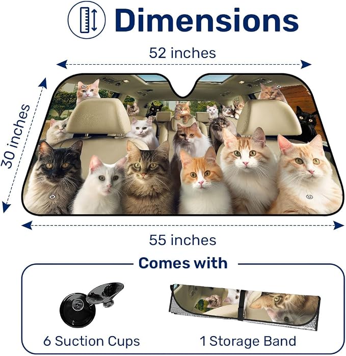 GENANY Cute Cat Group Funny Windshield Sun Shade for Car SUV Truck (55x30 Inches), Sun Shade Windshield, Shades for Front Windows, Protector Blocks UV, Car Decor