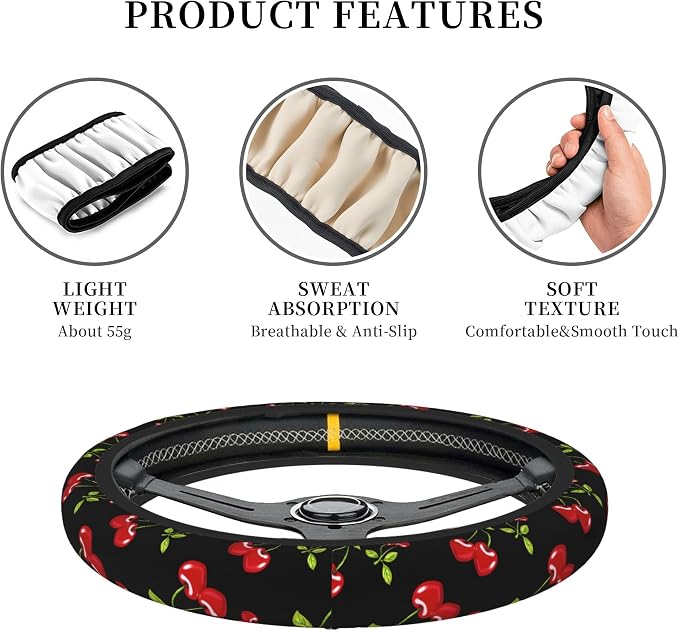 Cherry Hearts Red Steering Wheel Cover + 2 Pc Cherry Hearts Car Coasters | Breathable Universal for 14-15 Inch Car Anti-Slip for Men Women