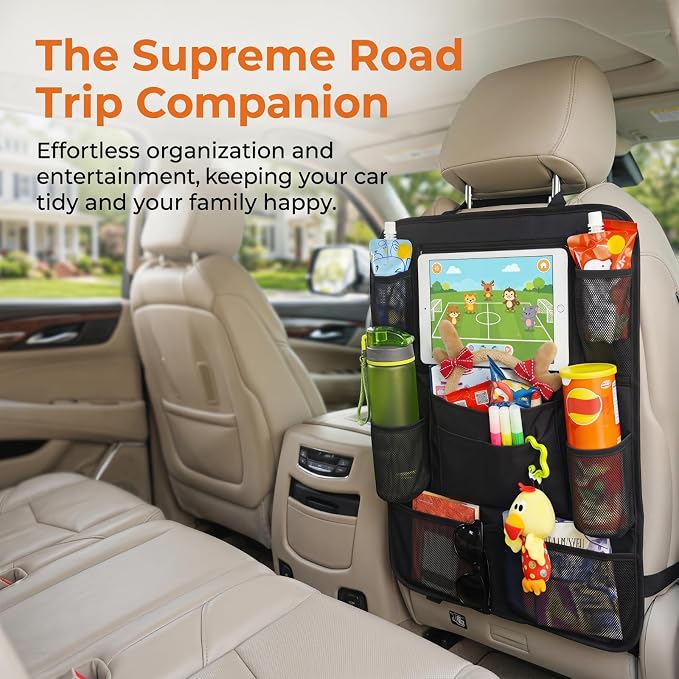 Backseat Car Organizer, 2 Pack Kick Mats Back Seat Protector with Touch Screen Tablet Holder, 9 Storage Pockets for Travel Accessories & Toys, Waterproof & Easy-Clean Black Protector