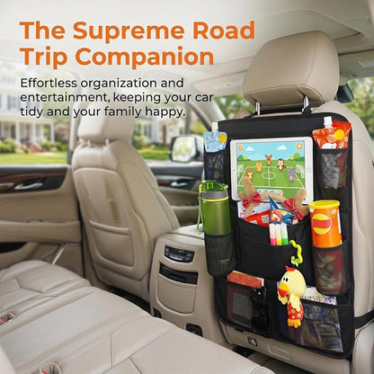 Backseat Car Organizer, 2 Pack Kick Mats Back Seat Protector with Touch Screen Tablet Holder, 9 Storage Pockets for Travel Accessories & Toys, Waterproof & Easy-Clean Black Protector