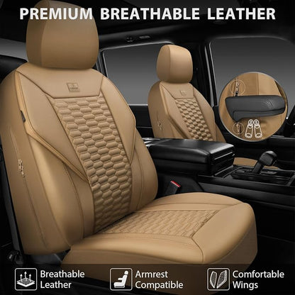 CAR PASS 3D Foam PU Leather Car Seat Covers Full Set,Tan Breathable Faux Leather Seat Covers for Car,Anti Slip Universal Fit for SUVs Vans Sedan Truck Automotive,Armrest Airbag Compatible All Beige